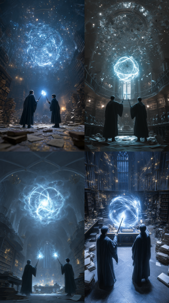 远拍超广角，两个麻瓜魔法师，身穿中世纪女巫长袍，手拿精美魔杖，魔杖头部幽蓝火焰形成粒子光球拓扑缠绕，辉煌庞大的魔法部，找到伏地魔的魂器——斯莱特林的挂坠盒。他们被一群食死徒和摄魂怪发现。食死徒们从各个方向袭来，天空中布满了咒语的光芒。她们与食死徒展开了激烈的空战，双方你来我往，互不相让。哈利和赫敏迅速施展咒语，召唤出守护神，驱散了摄魂怪，保护了在场的无辜麻瓜出身的巫师。同时，他们与食死徒展开了激烈的战斗，咒语在魔法部的各个角落闪烁，桌椅、文件等被强大的魔法力量掀翻、摧毁。徐克镜头，画面处处凸显对比，电影灯光，明暗对比明显，超清画质，丙烯颜料，对比·仙气萦绕和魔气萦绕对比，魔幻现实·新三维古风·8k渲染·物理引擎·16bit色深·电影级抗锯齿·超采样纹理，散发金色粒子特效。超级景深，超级细腻，极致细节，动态模糊，魔法火球，圣光闪耀特效。散发金色粒子特效。图片风格为赛博，游戏电影海报，细节的纹理，超逼真，在辛烷渲染的风格，景深，电影质感，最佳构图，超现实主义，佳作，32k uhd,disney style,2d