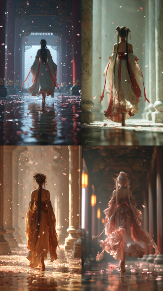 古风，绵绵细雨，丧感+颓废感，花瓣纷飞，人物光着脚丫走在古风回廊中，背影，背影面部特写，眼睛有光，神话，玄幻，插画，新三维古风，人物摄影，写实风格，32k超清画质极致高清晰度极致细节，史诗级清晰度，一个由粒子组成的妖女，渐变粉色调，新三维古风，超真实3d，8k极致高清分辨率，8k极致丝绸反光，8k极致细腻肌肤，8k极致高清电影，玄幻缥缈的，脸部特写，杰出的大师作品，看向镜头，国风油画，岩彩板画，。古风意境，暖色系，朦胧，迷幻，弥散渐变，层次感，梦幻，超现实主义美学，空灵，如梦似幻，近景，极致写实油画。绝美光影，三维古风,微距摄影,移轴拍摄,高角度拍摄,浪漫古风,电影光,生物学发光，，超级长大波浪卷发，头发上装饰了流苏飘带，灵动与生机。大唐盛世氛围，华丽惊艳氛围带浪漫感,高贵优雅，渐变粉色调，薄如蝉翼纱衣，头戴首饰，烟雾缭绕，慵懒，邪魅，高质量，高细节。图片风格为cg 厚涂低视角仰拍之下，丹凤眼琴师英气逼人。她眼神凛冽，手握抚古琴，迅猛音律虚影直劈镜头。瞬间，琴弦迸发出的寒光在超广角畸变的作用下被拉伸得凌厉异常，音符划破空气，银粉渐变的珐琅釉色迸发荧光粒子，宛如空中绚烂的烟霞。 音律轨迹呈放射性飞扬，与四溅的音符共同形成螺旋光带，衣摆随着挥剑的动作剧烈摆动，动态十足。蜀绣百福纹在多重残影的作用下，产生空间折叠效果，仿佛将人带入了一个奇幻的空间。 8k微距镜头精准捕捉到古琴熔金纹闪光的氧化层，每一处细节都清晰可见。通过菲涅尔算法，音律劈裂时的空气湍流层被完美计算和呈现，光线追踪技术则让她身上景泰蓝饰品在高速移动中留下逼真的镜面残影。流体模拟系统将发带在冲击波中的绸缎撕裂轨迹重建得栩栩如生，每一丝断裂的纹理都仿佛真实发生。整个画面充满力量与美感，将琴师弹琴的瞬间定格成了一幅震撼人心的艺术作品 。真人写实超高清电影质感东方美女，大师级制作，电影画质