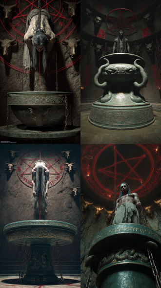 阴森青铜祭坛中央矗立布满饕餮纹的古铜鼎，鼎身渗出暗绿色铜锈，身着脏了的灰白色的破碎面料的长发妖冶男子悬空在鼎上，苍白肌肤浮现暗金色咒印纹路，低角度光线将缠绕鼎身的玄铁锁链阴影投射在布满青铜兽首的岩壁上，燃烧的朱砂符咒在空中构成逆五芒星轨迹，超广角构图强化祭品与邪鼎的压迫感，暗黑东方玄幻风格，4k影视级画质，人物面部特写。