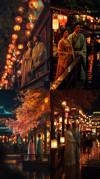 东风夜放花千树，宋朝皇城帝都万家灯火，往来不断身穿宋朝服饰的男子女子在逛街，夜市热闹非凡电影质感写实意境感十足唯美清幽一位身穿宋朝服饰的女子一位身穿宋朝服饰的富家公子，二人站在楼上依栏抬头驻足观看到处燃放着烟花