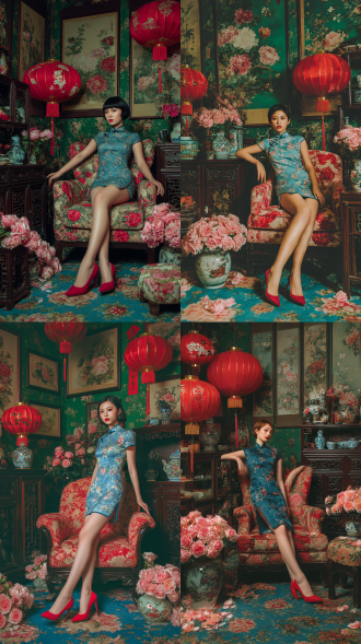一位短发，酷酷的年轻现代女子，身着蓝色印花短款旗袍、脚穿红色高跟鞋的年轻女子，姿态慵懒地斜倚在红色花卉图案的复古扶手椅上 。环境：室内场景，挤挤的，深绿色卷草墙纸的墙面装饰大量中式花卉主题挂画，地上铺有蓝底花卉图案地毯。摆放着中式红色大灯笼，灯笼上有白色花卉刺绣。周围有深色木质古董家具，如带雕花的柜子、架子，架子上陈列中式瓷器摆件。地面点缀粉色玫瑰花束，还有同色系脚凳，整体氛围复古华丽，融合中式元素 。风格与画质：具有电影质感，高分辨率，光线柔和，色彩浓郁，展现复古的，新中式的，东方风情 。
