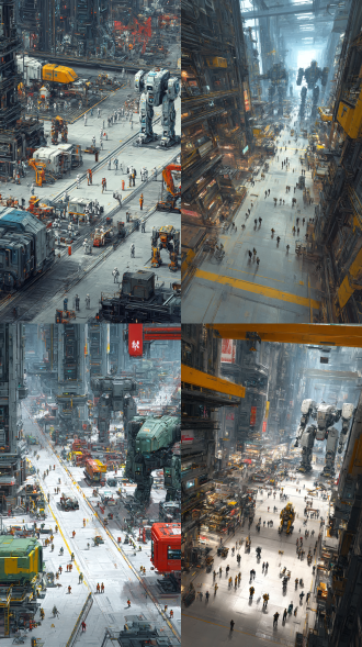 未来，科幻风，真实写实细腻，广角镜头俯拍，场面庞大震撼。 一个庞大的工厂内部，内部空间很高很大，遍布复杂精密的工业设施，很多像蚂蚁一样渺小的工人，大小不一、形态各异的人形辅助机器人正在忙忙碌碌，几十台30米高的颜色型号各异的机甲正在生产。