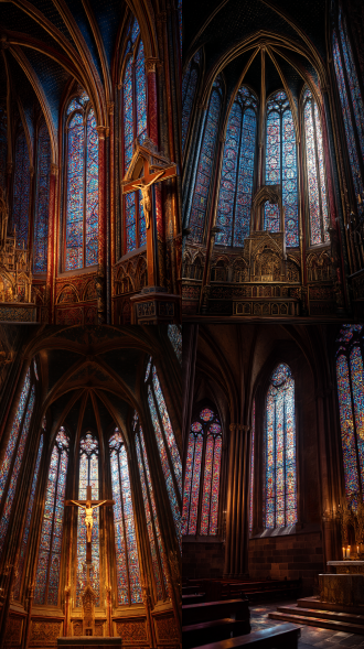 宏伟的欧洲哥特式大教堂，十字架上的受难耶稣像，花窗玻璃，精致华丽，深红、湛蓝与金色的鲜艳色彩，散发出神圣的光束，照亮石质教堂内部，神圣崇高，庄严肃穆，令人敬畏，唤起救赎与谦卑之感，空灵氛围，高度细节化，电影般的照明效果，逼真的质感，圣经场景的复杂图案，闪耀而超凡"