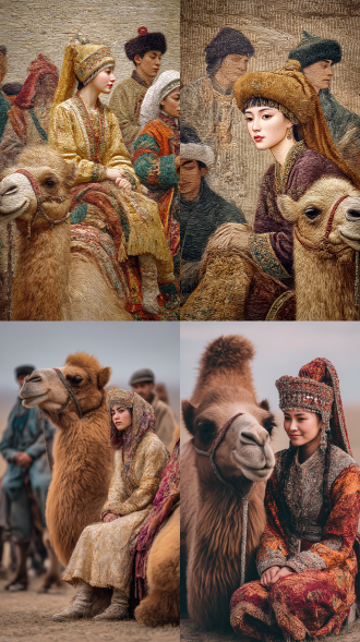 聚焦于丝绸之路上身着独特服饰的西域人物特写画面，细腻展现其服饰的每一处纹理与色彩细节，最前面骆驼上坐着一位女子