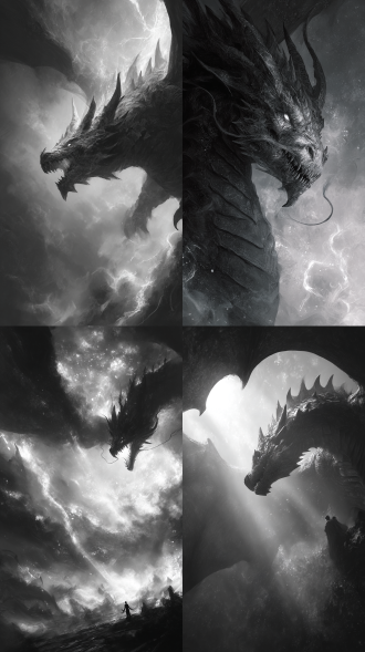 巨物，暗魔龙和主人魔帝，修行修炼场景，黑暗美学，光效能量流体流动魔雾弥散，秘境领域