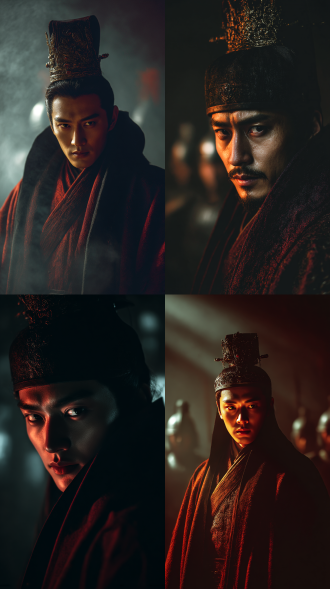 电视剧人物臧海​，特写，身穿明制暗红色官服，发冠，简约发冠，披着黑色披风，高大威严，身高1.836米，隐在光影暗浮的黑暗之中运筹帷幄。犀利又非常好看的眼睛，致命的诱惑，他的身后黑暗之中若隐若现的士兵，宏大的中国古代地下宫殿建筑，风水大师，大师级光影，逆光，冷暖光交错，近景暖光，背景冷光，魔影重重，空气中漂浮着神秘粒子，在昏黄的光影中浮沉，迷雾，震撼的构图，超清8k。藏海为真人演员xiaozhan数字化建模。