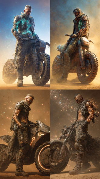 wasteland punk style, full body shot of a rugged male scavenger in dynamic pose, standing beside a heavily modified motorcycle, wearing rusty armor with glowing circuit patterns, surrounded by holographic debris and dust storm effects, impasto painting style, cinematic lighting, detailed mechanical design, post-apocalyptic background, high detail, 8k