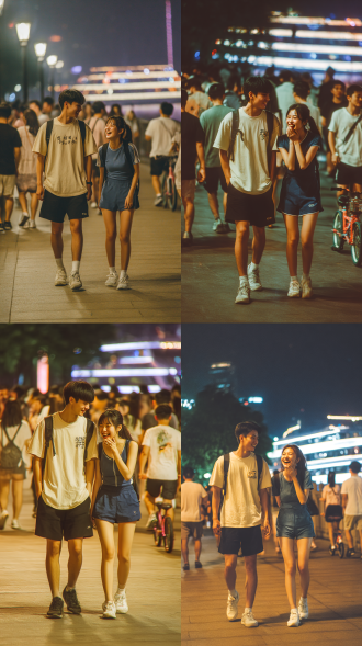 真人摄影，胶片质感风格。夜晚，两个互有好感的年轻男女在广州珠江边散步的场景。男孩身材高大，利落短发，穿米白色带英文字母短袖t恤，黑色休闲五分裤，运动鞋，背着运动背囊。女孩身材高挑，穿深蓝色修身羽毛球运动服，白色运动鞋，背着一个休闲小背囊。两人并排走着，因为还不是情侣所以没有过分亲密，但互相爱慕的种子已经在萌芽。男孩看着女孩在说着什么，一脸坏笑。女孩笑得捂嘴弯腰。周围很多散步的人，有跑步锻炼的，还有小孩骑玩具自行车经过。营造出多元而热闹的氛围。运用长焦抓拍手法，将两人融入这个充满活力的场景当中。通过适当的动感模糊，展现他们自然又温馨的场景。背景有珠江夜游经过。抓拍，不要看镜头。8k高清画质。
