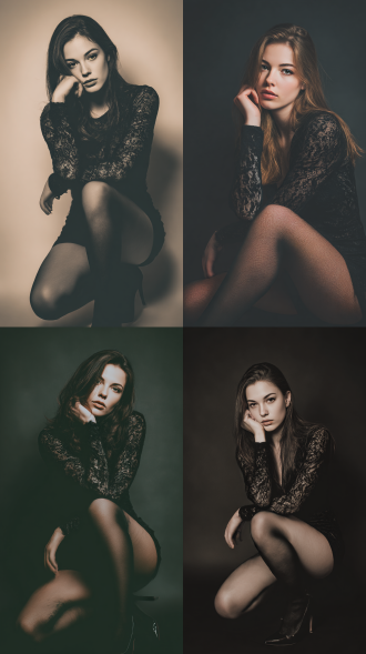 一位女性，身型苗条，身材偏瘦。发型为自然散落的长发，增添随性气质。表情沉静，略带冷艳感。造型上身着黑色蕾丝长袖上衣，搭配黑色丝袜与黑色12厘米高跟鞋，尽显优雅神秘。主体动作与姿势是单腿屈膝，手或撑头或搭在腿上，姿态放松且富有表现力。构图采用中心构图，将主体置于画面核心位置。拍摄角度为正面平视角度。推测使用中长焦镜头。感光度较低，确保画面纯净。色调以暗调为主，黑色背景与黑色服装形成鲜明对比，色彩饱和度适中。色温偏暖，营造出温暖又深沉的氛围。运用人工光，光线柔和，可能使用了柔光设备，景深较浅，背景虚化，突出主体。背景为纯色无明显模糊元素。整体清晰度高，几乎无噪点，摄影风格偏向时尚艺术摄影，质感十足且充满艺术氛围 。晓彤