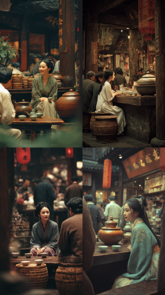 老成都赶大集茶馆里坐着大美女，章显出集市繁华热闹，他们闲聊着天，喝着盖碗茶，4a高清场景。真实场景。鞠婧