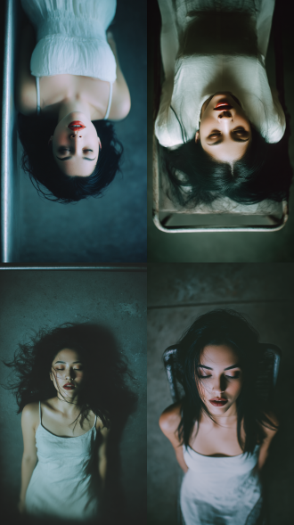 胶片摄影，俯拍全景，动态模糊的室内背景，冷色调，暗调，淡彩，低饱和度，全身人像，一个空旷阴暗的大型仓库，30岁女性笔直躺在房间正中间的一个金属床上，身材曲线完美、丰满，棕茶色口红，化淡裸妆（贴合诡秘氛围）。乌黑长发自然散落，长发凌乱散落，脸上有少量散落长发披散凌乱，发丝分离度max，弱侧上方光线营造柔和氛围，头发有细腻光影（强烈发丝光，显静谧 ）。面部用柔化伦勃朗光，凤眼轻闭含宁静感，眉毛自然、长睫毛舒展，轻抿嘴唇，神态放松。皮肤质感细腻，真实纹理清晰。身着白色轻柔裹身裙，材料纹理与动态褶皱自然。男性着深色简约上衣，为女性按摩肚子，三分法构图，景深浅，背景为暗调房间背景虚化，胶片颗粒感，高噪点，富士胶卷效果，层次丰富，线条简洁，细节生动，电影质感足，情绪张力含蓄，超高清32k，借暗调光影营造神秘阴冷氛围感，融合光影美学、环境光朦，呈现静谧高级感与现场神秘阴暗既视感。