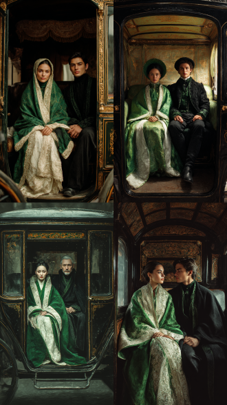 在封闭式古香古色豪华的马车里，一位身披青白色斗篷的女子，仙侠发型加上小辫子，与一位黑绿色衣服的帅哥，并排坐在马车里。影视剧人物形象。真人版8k东方古风。