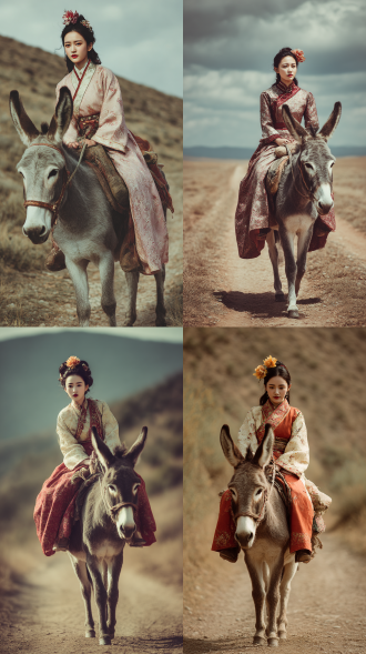 生成一摄影照，图片以深棕色调，一年轻女子，骑一毛驴，身穿民国中式传统西北风格的服饰，骑上毛驴从荒野土路走来。她面美貌容，头插一小花。
