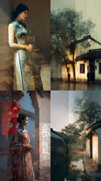 大师级构图，风格摄影，苏绣，光影斑驳，蒙太奇效果，思绪，印象风格，朦胧诗意画面，胶片摄影，独特颗粒感，锐化拖影，融合模糊，冷暖色系碰撞，辩证冲突表达，非常规独特构图，电影质感，色彩叙事，情绪表达，艺术摄影作品，人像美学