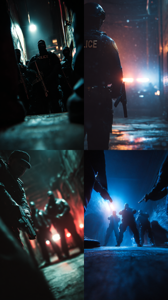 生成一张光影非常炫酷的照片。一场激烈的警匪抢站，主角是警和匪。背景是阴暗的老巷子。构图形成强大的视觉冲击，结合超强透视制作出震撼的视角，让人叹为观止。第一人称视角。暗黑风格。8k超高清。