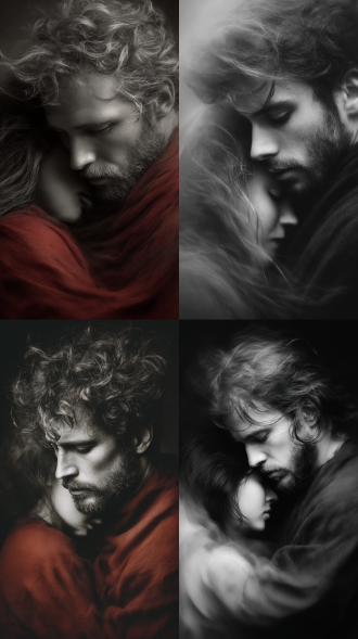 摄影艺术，黑白肖像，脸部特写，摄影，大师作品，绝世男子，莽莽苍苍的男儿气概，三维古风，狂风中乱了长发，凌乱但有秩序，飘动的头发刘海遮住一边眉眼，红衣女子与男子深情相拥，慢门长曝光，光影交叠，虚实交织，虚影，迷惘，梦核，摄影师杰作。意境构图