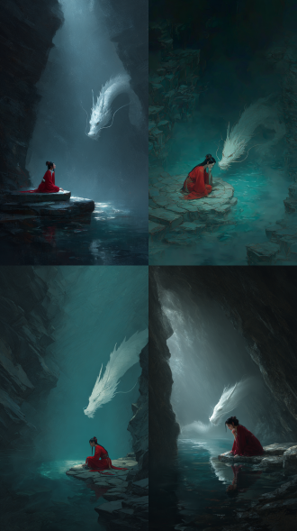 深邃的洞底，阴暗，怪石嶙峋，冒着雾气的水面中有一石头平台，平台上一红衣古风美女坐在地上，一手撑地，头向前仰，水面跃出一白龙，头伸向女子，四目相对，前世的姻缘