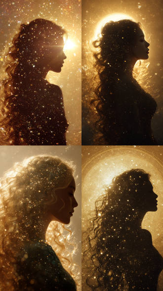 中国古风，背后是一个巨大太阳图腾，一个侧脸唯美女性全身剪影，瀑布般卷曲亮金色长发 散落密集星光璀璨，头发上闪烁星星般光点，绚烂太空背景，用于梦幻艺术人像展示的图片，梦幻风格，特写镜头，浪漫氛围，梦幻绮丽，梦幻光影，艺术感强。黑金