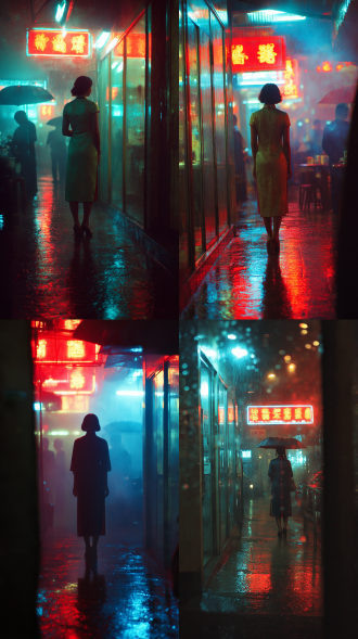 杜可风式迷情都市 `霓虹雨夜, 手持镜头晃动感, 高饱和度红蓝调, 湿漉漉的香港巷弄, 玻璃窗倒映的孤独人影, 王家卫电影质感, 迷幻光影粒子, 35mm胶片颗粒` *进阶提示：添加`旗袍女子背对镜头`+`烟雾缭绕`强化欲望的克制感*