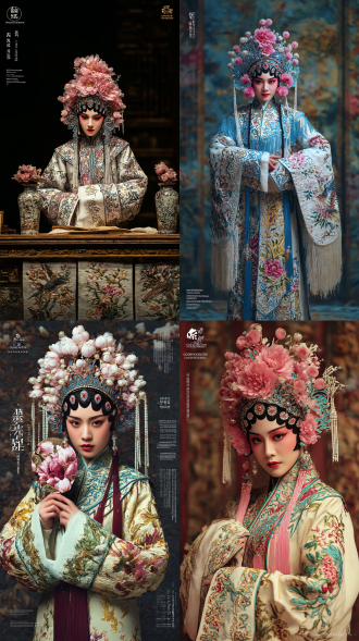 京剧中的《梨花颂》花旦角色高清丝华头饰，服装豪华电影质感，意识流烟雾构成的宫殿，各种古风雕刻花纹。镂空设计奢侈品时装设计，以花鸟植物为主题，打造质感服装 设计，清晰的组织结构，，floral 36k 高清画质
