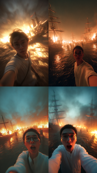 镜头晃动，自拍视觉，一位现代美女，短发，白色紧身衬衫，金属框眼镜，垂坠感，盯着镜头，直视镜头，嘴巴不停说话。 多艘古代战船被火焰吞噬，再黑暗的长江河面上反射出火光，天空弥漫烟雾和火光，远处微弱火光，士兵一片混乱，史诗级古战场，营造出一种戏剧性和紧张气氛，动态模糊。 纪实，穿越，身临其境，高级感，杰作。