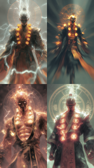 中国道教，雷光闪烁跳动 一个中国执法判官，面部无五官，由发光的道教符咒组成面部，cg渲染，令人生畏的外观，由eizan kikukawa创作，天生的火焰，启示录，受迈克尔·弗洛尔启发，n中国道教发光符文，pinterest动漫，有透明虚无法轮在背后，模糊，全局朦胧模糊，暗调，抽象，狂乱，失控，动态模糊，超广角，强透视，景深，高噪点，强烈的胶片颗粒感，动态美学，弥散晕染，朦胧美学，超现实，细节生动完美，杰作，全身，广角全景，服饰是道袍加点盔甲，中国风格