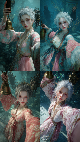 身着洛可可山茶纹广袖曲裾、十八道粉缎掐褶和千层纱披帛的浓密银色长发妖女，单手高举古朴铜铃在幽邃奇幻水下宫殿遗迹中模拟自拍，侧身站立微侧脸，白皙肌肤，淡雅妆容，狭长凤眼含情垂眸且眼瞳有微弱赫眼红光，面部特写聚焦，精致五官，凌乱发丝贴脸与颈项，戴小巧耳坠，展现身材曲线，超精细手指刻画，姿态优雅神秘，眼神明亮专注直视镜头，背景深处有身着深色水藻服饰、戴锈蚀青铜神怪面具的人影悬浮游弋，周围有发光水草与古老石雕，女子在画面正中央，新三维古风写实风格，3d，虚幻引擎渲染，微距镜头，东方奇幻风格，静谧、空灵、神秘冒险氛围，精细刻画银饰纹理光泽、铜铃质感、水光波动层次与遗迹细节，镜头为自拍视角，单手高举古朴铜铃模拟自拍。她姿态优雅而神秘，眼神明亮专注直视镜头。