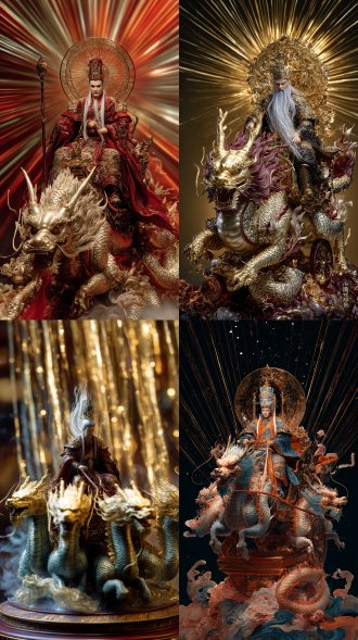 原始天尊骑着九龙沉香辇，仙风道骨，威武霸气。身后泛着缕缕道光。极限颜值，极限真实，高级感拉满。