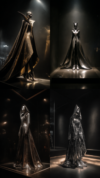 一位高耸、身材婀娜动人、金属面、金属无鞋浮空、光滑无皱褶、全金属绝色美人，金属裹住形成斗篷，超级细长的尖锐设计，空山基作品，高光反射，镀铬金属光泽，金属表面铺满耀光，泛光，油腻感，低角度射灯，暗朦，强烈明暗对比，高反差，前卫艺术，高级造型感动态，深渊镜子营造氛围，张力透视，倾斜构图