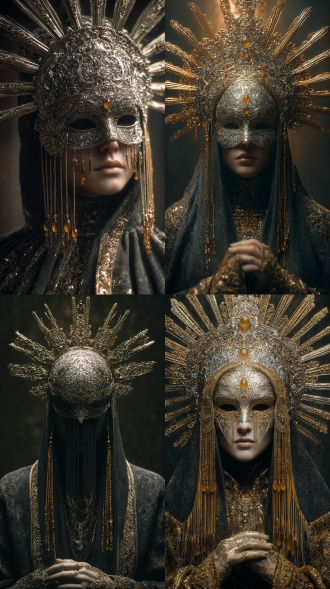 超精细，8k，电影级灯光效果，带有东方奇幻元素的神秘哥特式面具，高耸的金属冠状结构，错综复杂的金银细丝图案，覆盖面部的深色薄纱，琥珀色宝石和金色装饰，飘逸的流苏和珠子，华丽宽袖服饰，全身照，阴郁而高贵的氛围，浅景深背景，诡异姿势，暗黑奇幻美学，超写实漫画