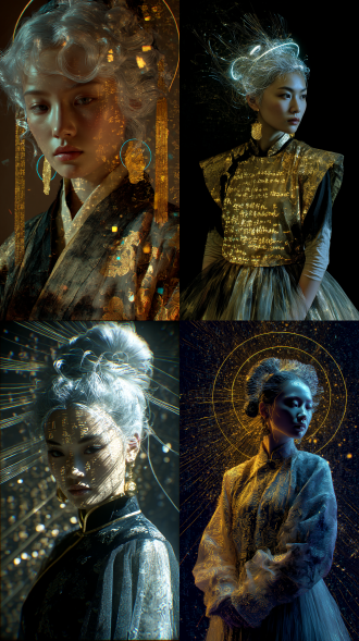 暗金虚空背景下国漫古风美人站立于青铜光波共鸣场，湿润肌肤呈现32位pbr材质的光线追踪效果，凌乱银白发丝中悬浮《诗经》甲骨文量子蚀刻轨迹。鎏金耳环折射三亿纳米经文沙的克莱因蓝光晕，杏仁眼虹膜映射量子化菩提树的丁达尔光束星云。柯达胶片质感捕捉50mm镜头下0.05毫米级皮肤纹理，电影级散景虚化背景中阿拉伯语符咒链的布朗运动轨迹。john galliano设计的水墨渐变纱裙褶皱暗藏7.6亿青铜回纹动态投影，染色的lomography胶片颗粒与发梢《周易》量子涟漪形成史诗级构图。35毫米宽银幕画幅保留纳米经文沙碰撞时的敦煌飞天残影，柯德彩色滤镜强化鎏金飘带裂解时的苏绣暗纹干涉斑，暗角处理凸显悬浮床纱帘间《文心雕龙》冰晶弦阵全息流。xgen系统生成15万根各向异性发丝与纳米蚀刻光轨缠绕，
