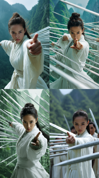 正面特写，身穿白袍的年轻美女修真者，两根手指往前一指，身后密密麻麻层层叠叠的长剑组成剑河统一方向射向前方，剑身光亮，武侠大电影风格，背景青山，玄幻，唯美，惊艳，高清。