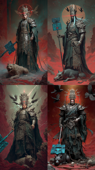 二郎神杨戬 液态金属装甲，极其复杂的花纹和光影特效。全身矗立于崩裂的灌江口废墟，头戴玄铁三山飞凤冠，天眼绽红光裂纹，身着暗银龙鳞锁子甲披残破墨绿战袍，手持专属武器方天画戟，刃口缠绕青黑煞气，脚边匍匐骸骨化的哮天犬。背景为红色江涛与倾塌的南天门牌坊，甲胄浮现青铜锈蚀与战损凹痕，袍角织有褪色的梅山七圣图腾，腰间悬挂扭曲的缚妖锁链与破碎的照妖镜，武器尖端滴落凝固的鎏金。风格是中式神话幻想。深色渐变背景带雾气光效，高饱和度中式美学。