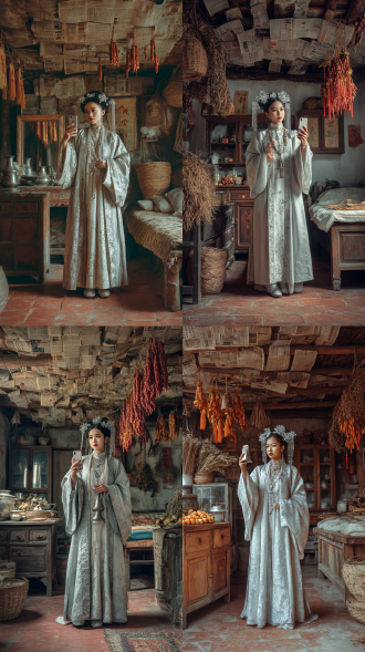 正中有一位身着华丽传统服饰的东方女子自拍，古典发髻，头上插着精致的银花和银发饰，佩戴繁复精美的银质项链，耳饰等饰物，衣袍有细腻花纹与光泽。她右手单手高举古朴银铃，姿态优雅又带神秘张力，眼神明亮专注望向镜头。室内布置满是怀旧感，屋顶和墙面糊着旧报纸，挂着玉米辣椒串、福字装饰，还有柳条筐。老式家具错落：带镜子的 dresser、木橱柜，炕上铺着席子，地面是红砖，透着质朴的生活气息。