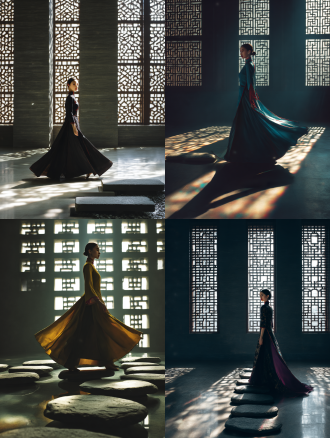 award-winning fashion magazine cover photography, new chinese style portrait of an eastern beauty in vast architectural space. minimalist grand scene: zen stone garden with geometric architecture background, silk qipao with modern cut. dramatic volumetric lighting casting vibrant prismatic rays through lattice windows, creating sharp chiaroscuro contrasts. masterful composition: low-angle shot with golden ratio framing, subject walking on stepping stones, flowing sleeves captured in motion. cinematic color palette: deep indigo shadows with accents of vermilion and cold jade. magazine cover layout with elegant chinese typography in negative space, vogue-style minimalist masthead. hasselblad x1d realism, 8k hyperdetail, fujifilm eterna film grain.