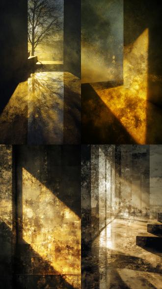 黄金时刻，超现实主义，反乌托邦，斑驳光影，独特光影意识流，融合同一场景不同时间的光影。虚实对比，展现抽象与具象的平衡。保留叠加后高光层次的细腻过渡，整体色调忧郁，暗黑系，高饱和诗意对话，色彩叙事。非常规独特构图，