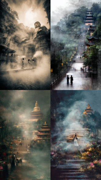 背景是意识流烟雾构成的乐山大佛的壮丽全景，大水法等标志性建筑，全景，大气磅礴，深色调国风，莫奈画风，真实人物，古风少女，四周模糊，模糊，朦胧美学，全局朦胧模糊虚化，抽象，多重，狂乱，失控，空白，隐隐约约的模糊人像虚化，动态模糊，边沿模糊，，多重曝光，失焦，超广角，强透视，景深，高噪点，强烈的胶片颗粒感，动态美学，晕染，朦胧美学，夸张构图，奢侈品时装设计，以花鸟植物为主题，打造质感服装 设计，清晰的组织结构