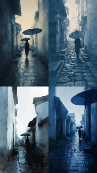 青石板雨巷, 油纸伞女子背影渐行渐远, 长焦空间压缩, 水墨淡青色调, 留白构图, 纱帘透光斑驳如宣纸渲染