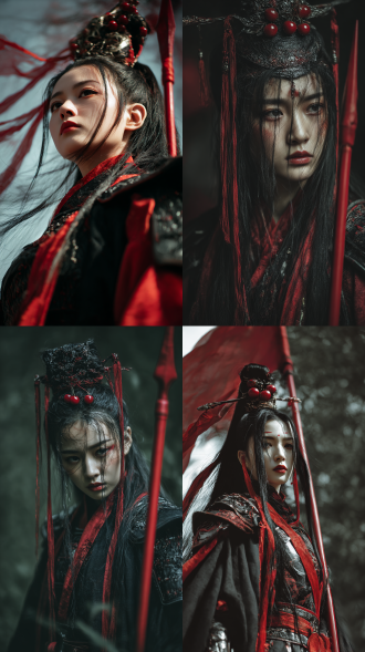 真人摄影，抓拍，细节逼真，中式意境，电影构图 疯批女国师，道，禅，长发，全身黑红色甲胄外披纱袍，高发冠，飞舞的发带，飘逸，浓颜美女，东方美女，18岁绝世美人，黄金比例的有辨识度的五官，拿着红樱长枪，战场， 神性，癫狂，抽象，凌乱，真实，肌理质感，情感张力，情绪氛围感拉满，