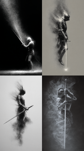 炭笔大写意，光尘组成沉动感的剑魂，光尘浮游，收剑凝立的微光悬浮，艺术作品，极简，侠客江湖