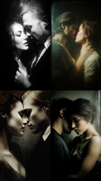 暗黑系，非常规独特构图，大师光影，电影质感，颗粒感，印象派，朦胧，抽象艺术，超现实主义，过曝，双重曝光，抽帧，复古电影风格，艺术氛围浓厚，古装情侣，情欲，缠绵，唯美，情绪表达，叙事风格，视觉艺术，获奖作品。真人写真