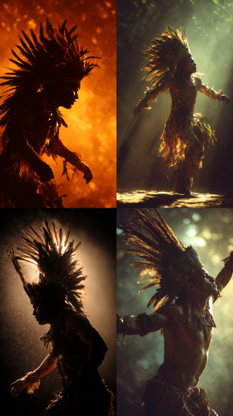 gui christ风格巴西祭司, 羽毛头饰与彩绘身体, 雨林逆光, 动态舞蹈剪影, 高饱和暖调