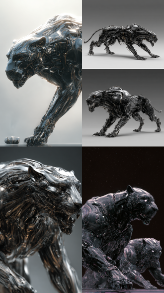 超级机械文明，黑豹，两种形态，一种人体形态，一种机械爬行兽形态，超级科幻风格，极精细风格，形体巨大，极艺术风格，整体流线型，形态结构精美，层次分明，细节完美，色调暗黑，色彩鲜亮，光影分明，明暗对比强烈，3d写实，超高清渲染，镜头拉长，全身特写。全体展示。高级感，超现实，大师杰作。