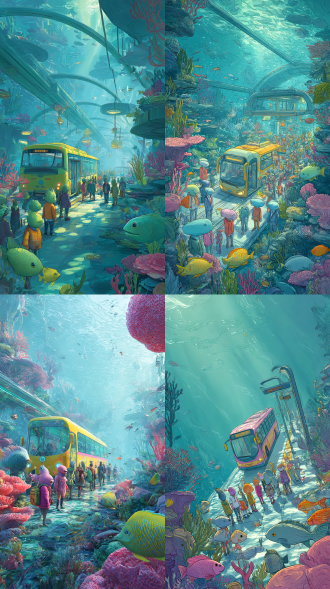 一条海底公路，一辆色彩艳丽造型科幻的公交车开来，海底车站上各种人形化的鱼类（鱼头人身，穿着艳丽衣服）依次的排着队，有说有笑。斑驳的光影，蓝绿色的海水，美丽的珊瑚和海草。高对比度画面，梦幻，唯美，超现实主义。广角镜头平视拍全景。8k高清。