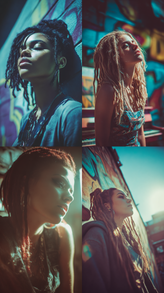 真人写实摄影，泛朦，脏辫女孩，狂野，激情，发泄，动态，嘻哈风钢琴，高色彩饱和度，色彩斑斓，浓厚高光氛围，侧逆光，多重曝光，多重意境融合，广角，透视，动态美学，模糊晕染，动态模糊。光影对比，明暗冲突。背景涂鸦墙，阳光。画面强张力，超现实，细节生动完美，获奖佳作。蓝紫滤镜。