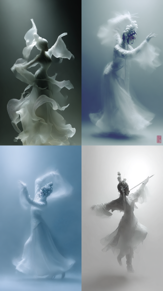 乳白色梯度渐变磨砂玻璃。透过朦胧的玻璃。京剧旦角表演模糊抽象艺术简化。西舞姿，最少笔划，婀娜多姿，身材曼妙，动态捕捉。整体氛围朦朦胧胧的神秘，优美，唯美，朦胧美，磨砂皮，超现实主义。线条艺术