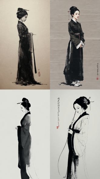 工笔画作品，一个优雅的女士，极简主义，秀禾服，头戴发簪，高级，简约，纯色背景，大师作品