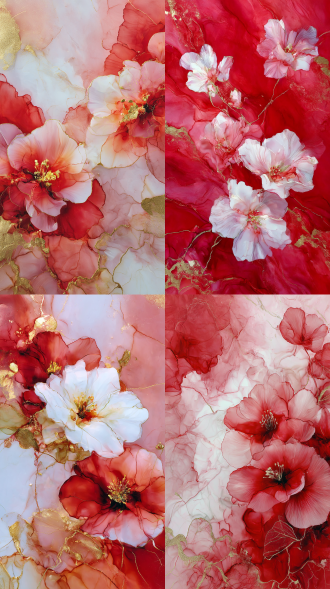 白红流体水墨，一位美人、花，分光镜与光谱深邃幻象，流体墨舞其间，光影交织，绘于空灵的新中式古典美学之上，氤氲着悠远墨韵的意境，豪华抽象的白红色底色搭配酒精油墨技术，融入流沙与金色元素。