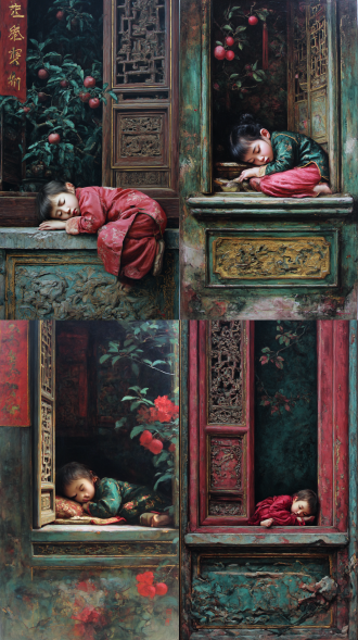 国风油画重彩，唯美深色，复古窗台雕花镂空，特大幻想，海棠绿，小女孩，蜷缩，金边效应，意境深远，高清画质。岩彩色彩饱满，色彩晕染，笔触细腻，水墨渲染，