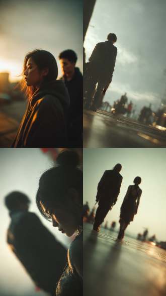 以超低视角站满前景呈现半透明光晕质感双脚，擦肩而过的亚洲朋克情侣，镜头感，仰角构图突显反差比例高大张力，天空金灰色，微风，情侣发丝反射光，人物模糊，虚幻光晕，8k超清渲染，冷调光与暖调光形成细腻对比，构图强化生命情感的哲思感